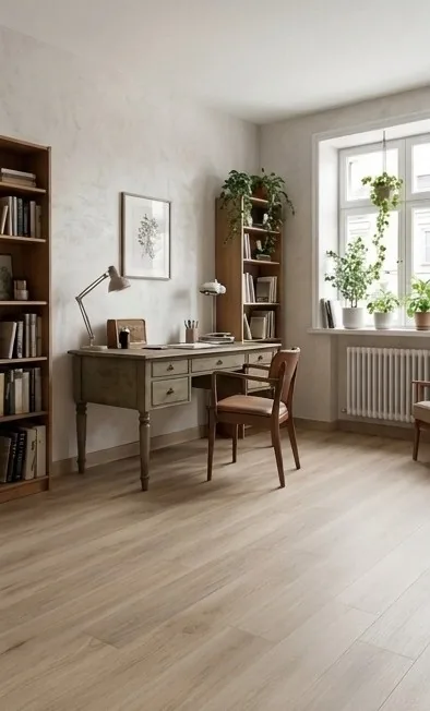 Parquet SPC chêne clair dans un bureau à domicile