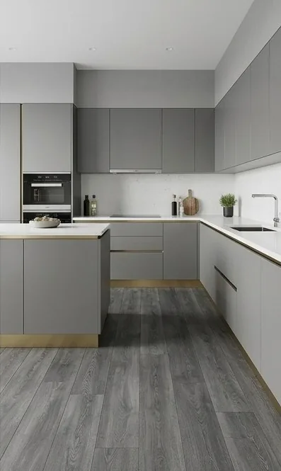 Revêtement de sol SPC gris anthracite dans une cuisine moderne