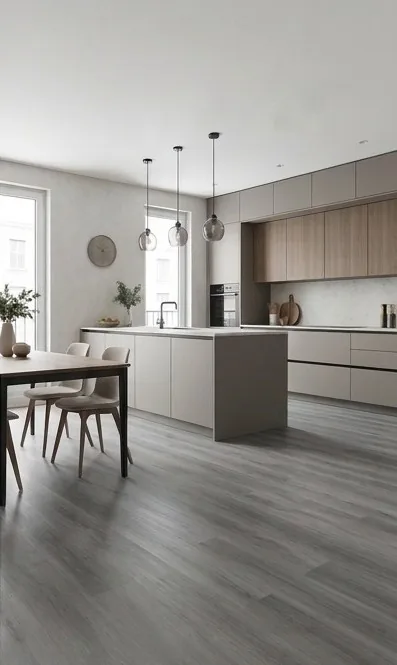 Sol SPC clic gris dans une cuisine ouverte avec îlot