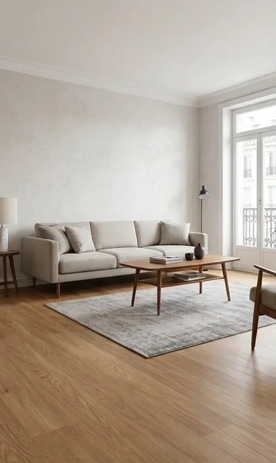 Parquet SPC Normal chêne naturel dans un salon lumineux