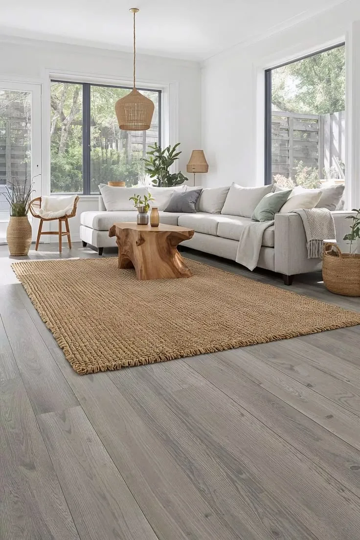 Parquet SPC gris dans un salon ouvert sur le jardin