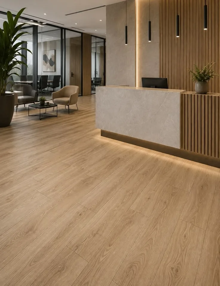 Revêtement de sol SPC chêne dans le hall d'accueil de bureaux