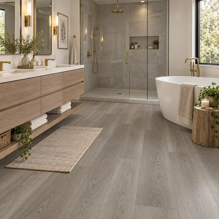 Revêtement de sol SPC étanche gris dans une salle de bain